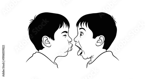 Two boys whispering to each other in black and white illustration.