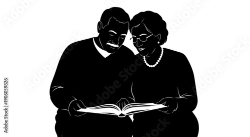 Elderly Couple Reading Together Intimacy Moment Silhouette Illustration.