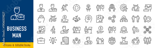 Businessman web icons in line style. Business presentation, meeting, partnership, business, collection. Editable stroke. Vector illustration.