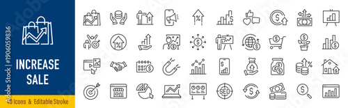 Increase sale web icons in line style. Sales, strategy, marketing, profit, vision, seo, collection. Editable stroke. Vector illustration.