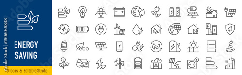 Energy Saving web icons in line style. Green energy, ecology, electricity, collection. Editable stroke. Vector illustration.