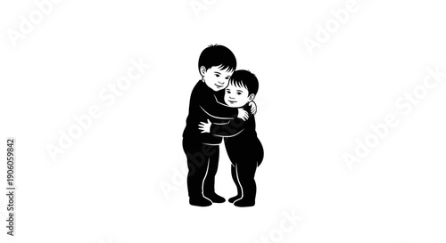 Black and white illustration of a man carrying a child on his shoulders.