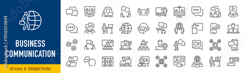 Business communication web icons in line style. Support, meeting, partnership, business people, audience, briefing, plan, collection. Editable stroke. Vector illustration.