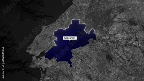 Aerial View of Santarem, Portugal: A high-altitude, satellite view of Santarem, Portugal, highlighting its geographical outline and urban development in detailed, sharp clarity.