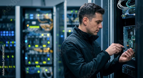 Male IT technician inspecting server rack hardware in modern server room