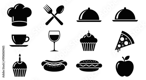 Black food icons set with chef hat, coffee pot, sandwich, and cutlery on white background