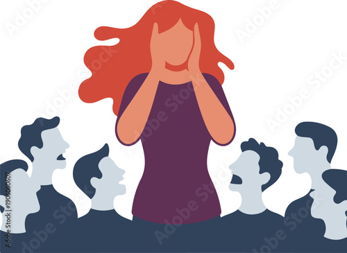 Redheaded woman distressed by a shouting crowd, minimalist flat-style vector illustration