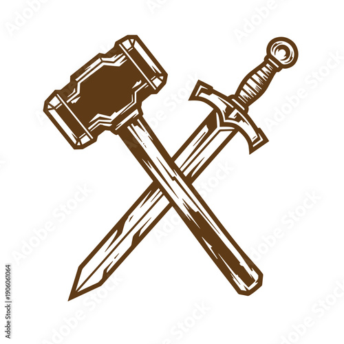 Vintage Grunge Crossed sword and mallet on white background for decoration and design