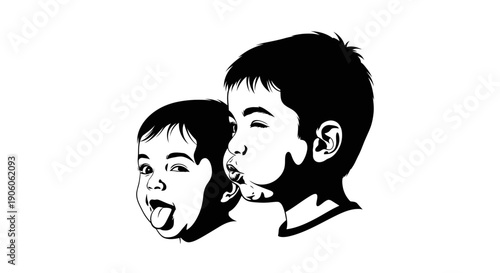 Two children with playful facial expressions in black and white illustration.