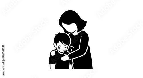 Mother comforting her crying child with a gentle hug.