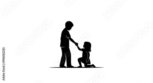 Man helping kneeling woman up with a hand.
