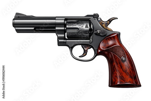 Wallpaper Mural Revolver handgun with wood grip and engraved steel barrel, classic firearm weapon, on transparent background Torontodigital.ca