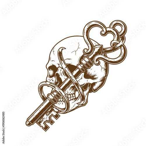 Vintage Grunge Skull with decorative heart shaped key symbol isolated on white background