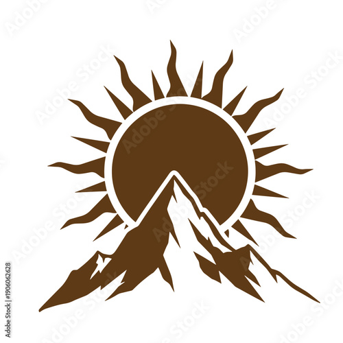 Vintage Grunge Sun rising over mountain peaks silhouette graphic design element for nature and outdoors themes