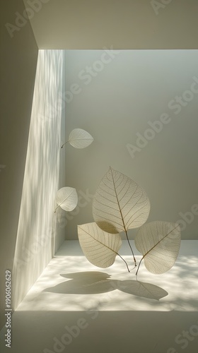 Abstract Light And Shadow Interior Decor With Paper Leaves