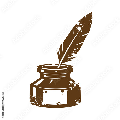 Grunge texture Inkwell with a quill pen on white background for writing and drawing  a vintage tool for art and literature Vintage Style