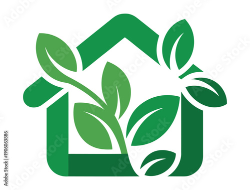 A green logo featuring a house with leaves growing out of it, symbolizing eco-friendly living and sustainability.
