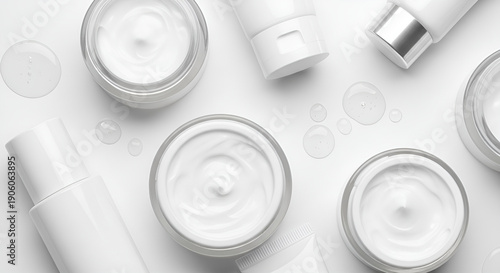 Top view of various white cosmetic cream jars and lotion bottles neatly arranged on a pristine white background, showcasing essential skincare and beauty products