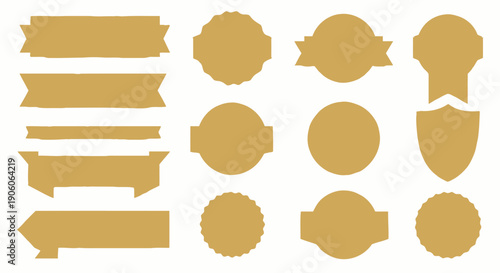 Collection of golden graphic elements including arrows, circles, and shapes on a neutral setting viewed from a straightforward angle