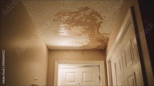 Water stain spreads across ceiling near door indicating possible roof or plumbing issue in home