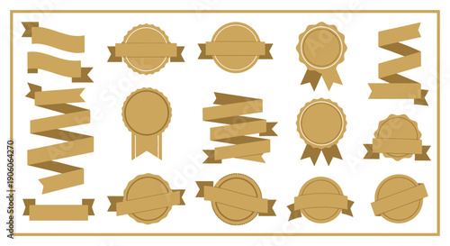 Collection of Golden Ribbons and Badges on a White Background