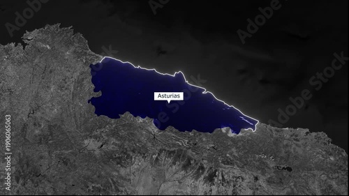 Asturias Map Highlighted on Satellite Terrain Animation	