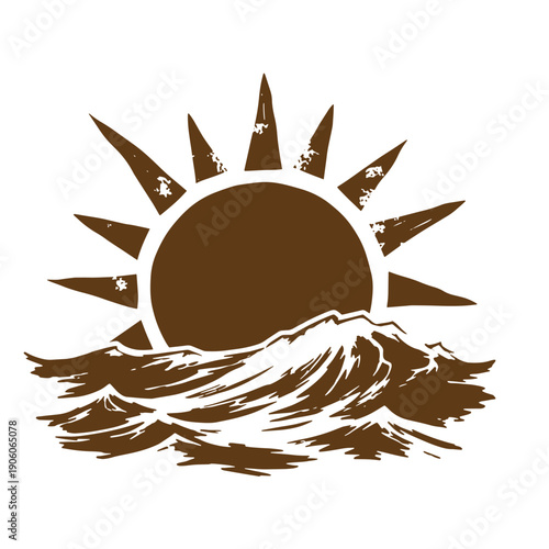 Vintage Grunge Brown silhouette of a sun rising over ocean waves on clear day outdoors in natural scenery