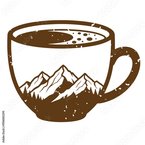 Vintage Grunge cup of coffee with mountain landscape design for travelers and outdoor enthusiasts in a simple graphic style