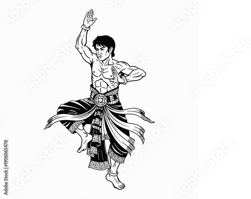 Traditional Martial Arts Warrior Illustration in Silat Fighting Pose with Cultural Ornaments