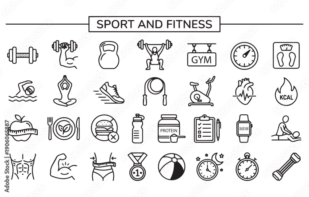 Fototapeta premium Sport and Fitness Icon Set Minimalist Thin Line Vector Symbols for Gym, Bodybuilding, Healthy Lifestyle, Nutrition, and Workout Activity