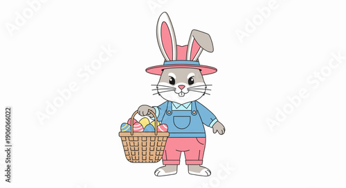 Charming Easter Bunny Cartoon in Blue Overalls and Hat Holding a Woven Basket Filled with Colorful Eggs for Spring