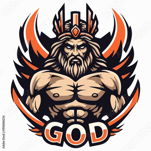 Powerful Greek God Mascot Illustration with Muscular Body and Wings for Esports Logo