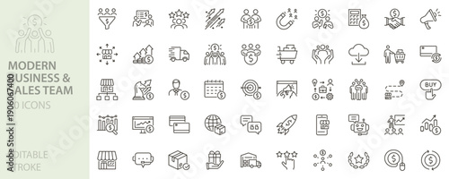 Modern business and sales team icon set. Marketing, revenue, growth, funnel, ecommerce, strategy, finance, operations icons. Thin line editable stroke vector illustrations