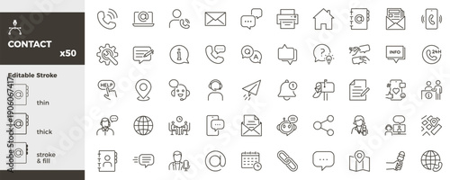 Contact and communication icon set. Phone, email, chat, support, help desk, address, location, customer service, contact us icons. Thin line editable stroke vector illustrations