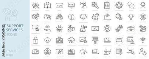 IT support and services icon set. Help desk, troubleshooting, technical services, computer maintenance, security, cloud, repair, customer support icons. Thin line editable stroke vector illustrations