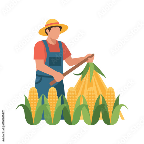 A farmer harvesting corn in a field with a shovel and wearing a hat and overalls