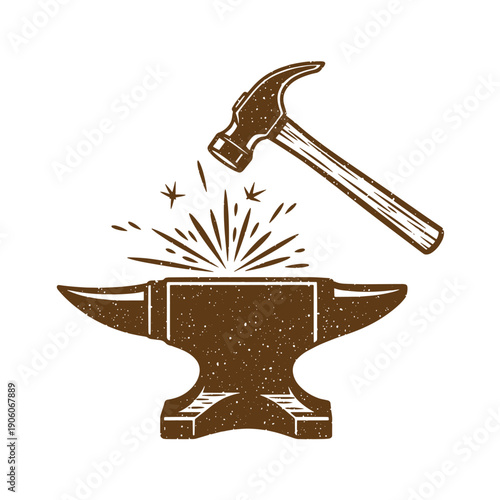 Vintage Grunge Vintage illustration of hammer hitting an anvil with sparks flying everywhere in a nostalgic scene  a symbol of craftsmanship and craftsmanship tools
