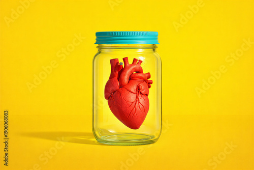 Red Heart Preserved In A Glass Jar on yellow background