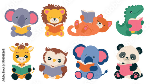 Animals reading books elements set design. Collection with cute elephant, lion, cat, dinosaur, giraffe, owl and panda holding open books, read tales or story, learning literacy. Vector illustration.