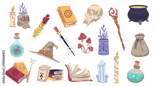 Witchcraft elements set design. Collection with candles, skulls, spell books, witch cauldron, magic wand, magician hat, fly agaric, plants, potions, tarot cards, more items. Vector illustration.