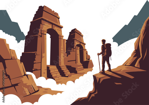 A hiker stands at the edge of a cliff, gazing out at ancient ruins in the mountains