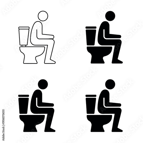 A set of black and white icons depicting people sitting on a toilet