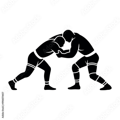 Two wrestlers engaged in a fierce competition on a plain white background