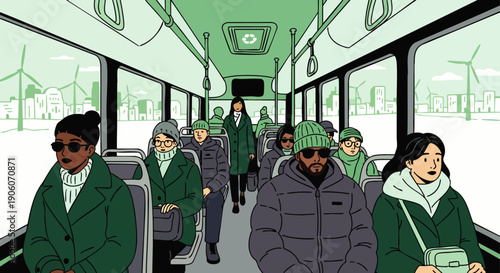 Passengers riding a modern public bus in winter, promoting sustainable urban transportation with wind turbines visible outside. Diverse people commuting responsibly.