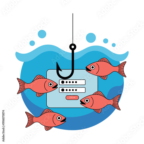 An illustration of a phishing scam with a fishing hook and login credentials