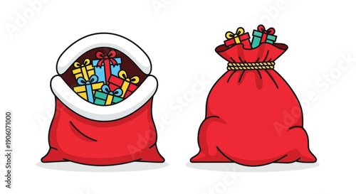 Two festive red santa sacks overflowing with colorful gifts a cheerful holiday illustration silhouette high quality professional detailed modern elegant stylish clean