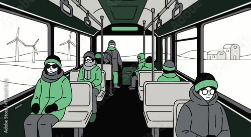 Passengers on a bus traveling through a snowy winter landscape with wind turbines visible outside the windows, illustrating sustainable transport.