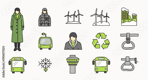 Vector icon set for winter travel, environment, and transport. Features people in warm clothes, wind turbines, buses, cable cars, snow, and airport symbols.