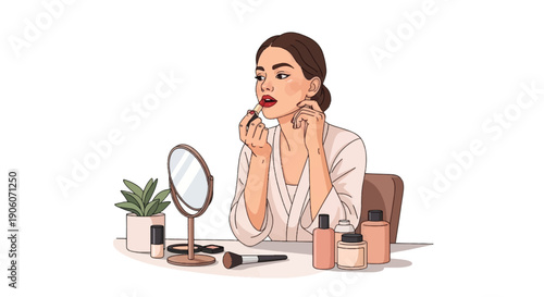 Applying Red Lipstick at Vanity Table Beauty Routine Illustration