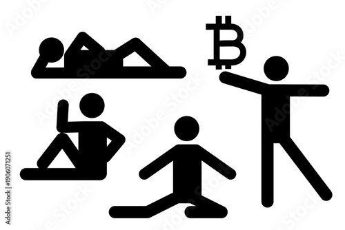 Bitcoin cryptocurrency lifestyle icons set. Stick figure people with crypto investment success, financial freedom, digital currency adoption, wealth lifestyle, meditation, relaxation, wellness. PNG